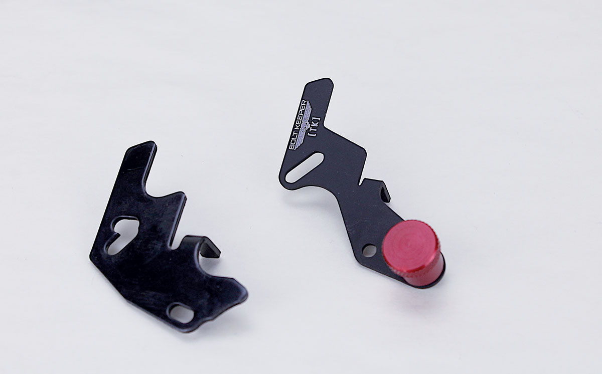 The TANDEMKROSS bolt lock (right) is configured differently from the Ruger factory bolt lock (left), but that doesn’t interfere with installation.